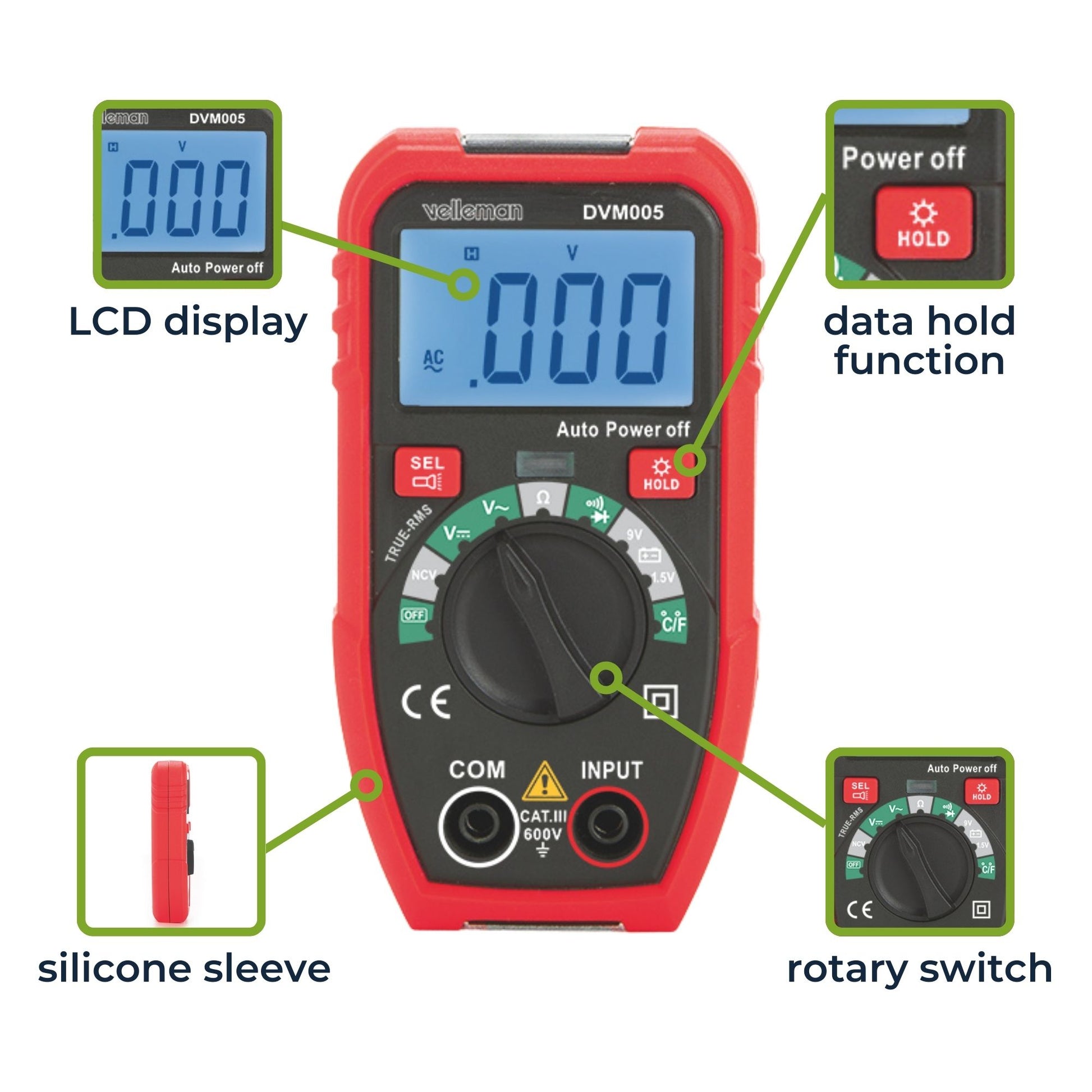 Velleman 473500 – Multimeter – 0,1–20 MΩ, CAT III 600 V, berührungslose Wechselspannungserkennung