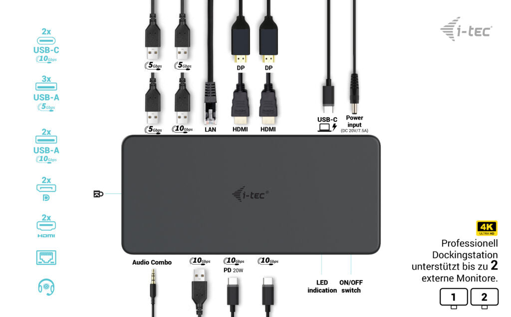 i-tec Dockingstation – USB-C, 2× DP, 2× HDMI, 5× USB-A, 100 W PD, GbE, für Windows/Mac