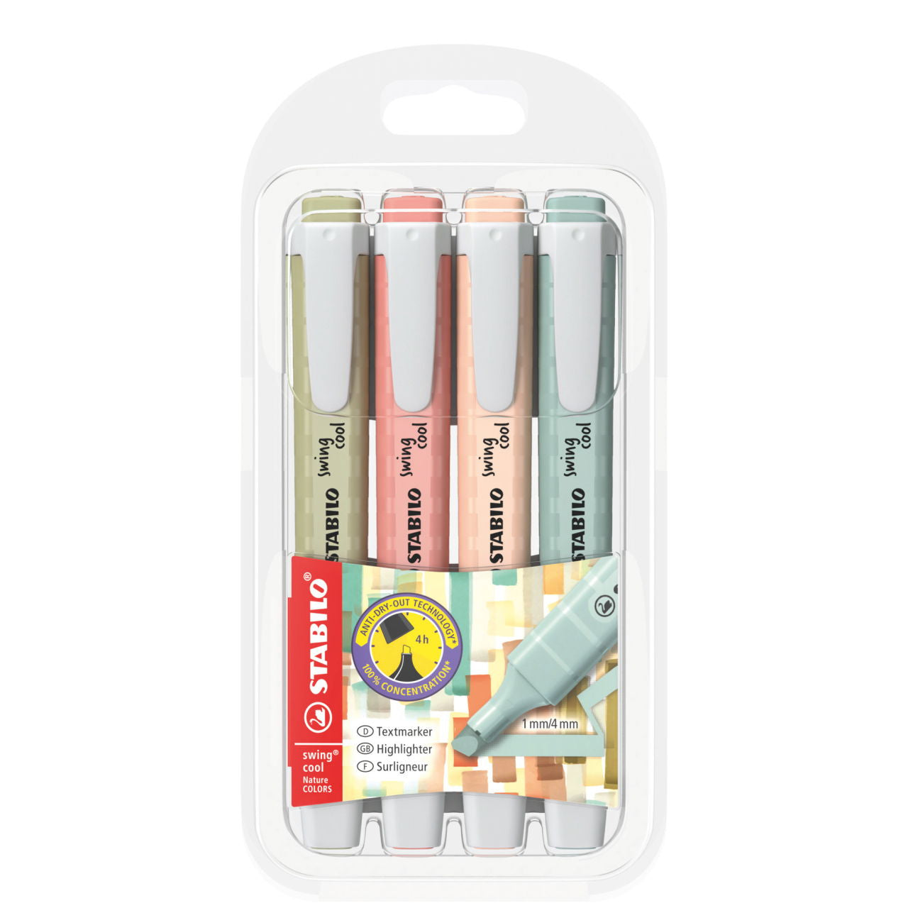 STABILO swing cool NatureCOLORS Textmarker – 4er Set, Farben: Beige/Grün/Rosa, Keilspitze 1–4 mm