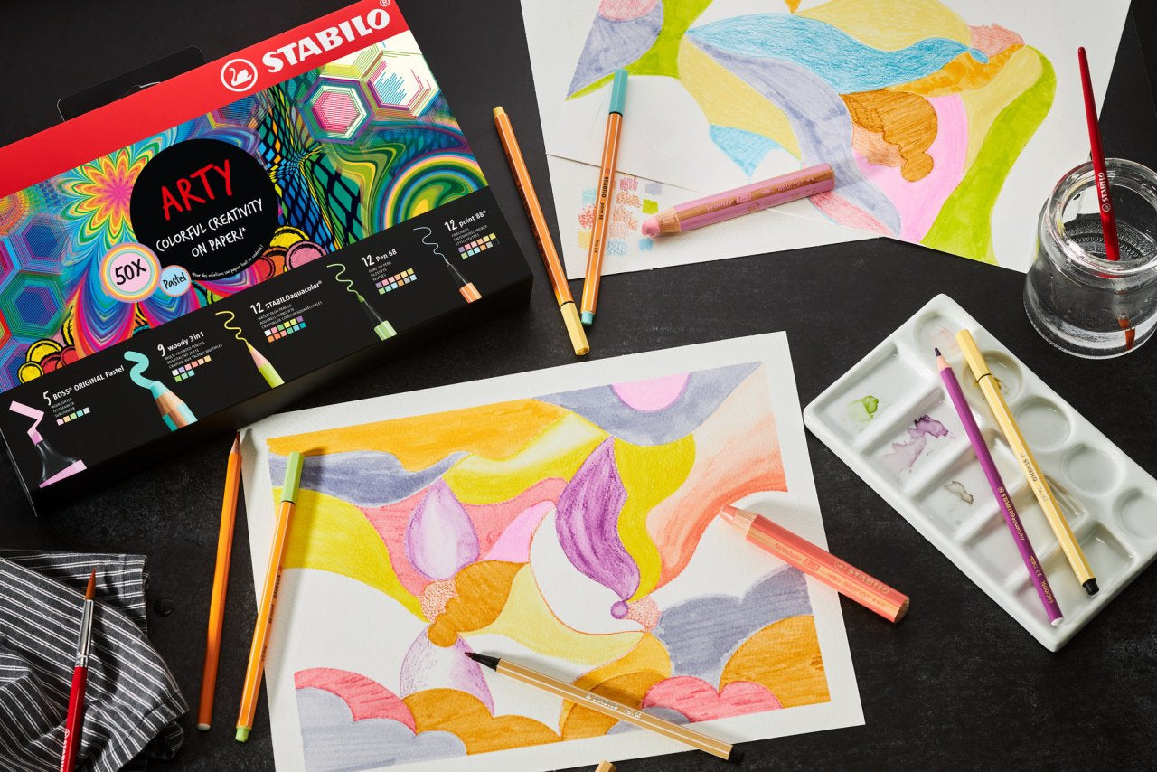 STABILO ARTY Stifte-Set – Pastell, 50 Stk., Box, mit 21 Farbstiften, 12 Filzstiften, 12 Finelinern