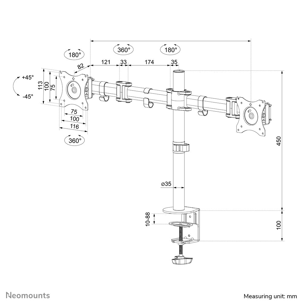 Neomounts NM-D135DSILVER – Monitorarm Tischhalterung – 2 Monitore – 10–27" – VESA 75×75/100×100 mm – bis 8 kg