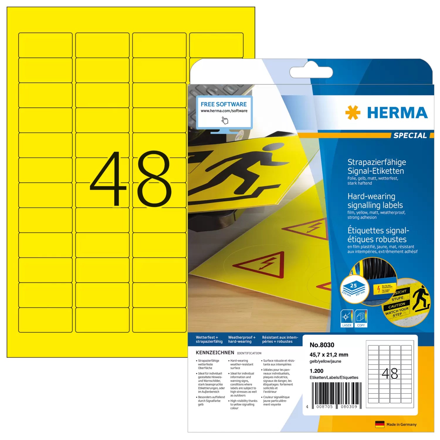 HERMA Druckeretiketten Special, 46 mm × 21 mm, gelb, Folie, extra stark, 25 Blatt (1200 Etiketten)