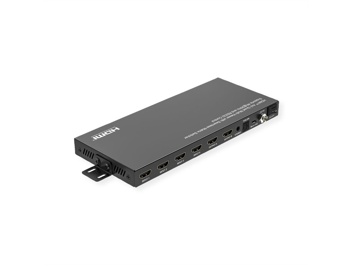 VALUE HDMI Matrix 4×2, 4K@30 Hz, Quad Multi-Viewer, HDCP 1.4, RS-232/IR, Toslink/Stereo, Schwarz