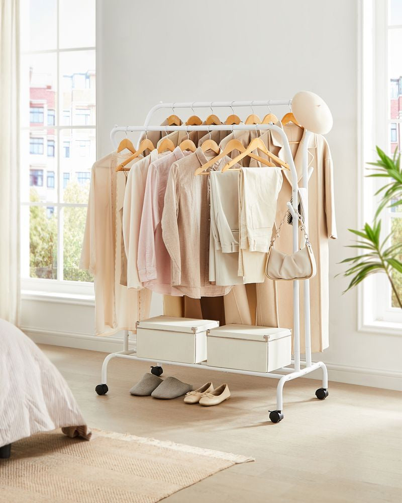 Songmics Garderobenständer – mit Rollen, Stahl, Weiss, 103,5 × 53 × 155 cm