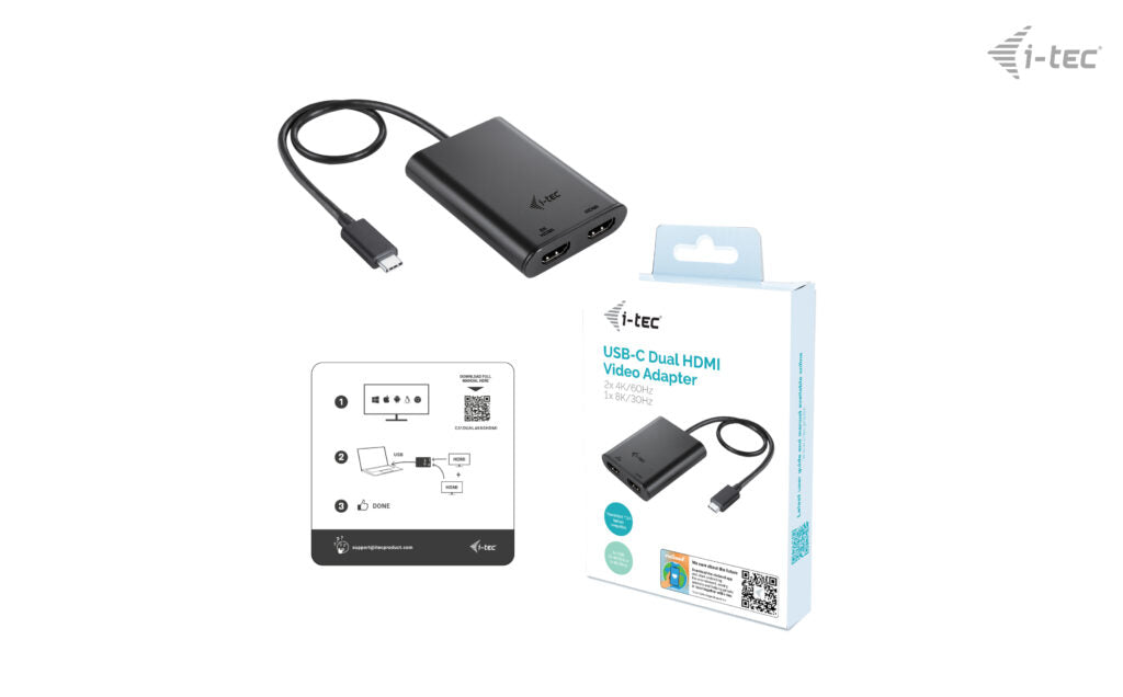 i-tec USB-C zu 2× HDMI Adapter – 8K (7680 × 4320) @ 30 Hz, 0,3 m, für Windows/macOS/Linux, Android/ChromeOS