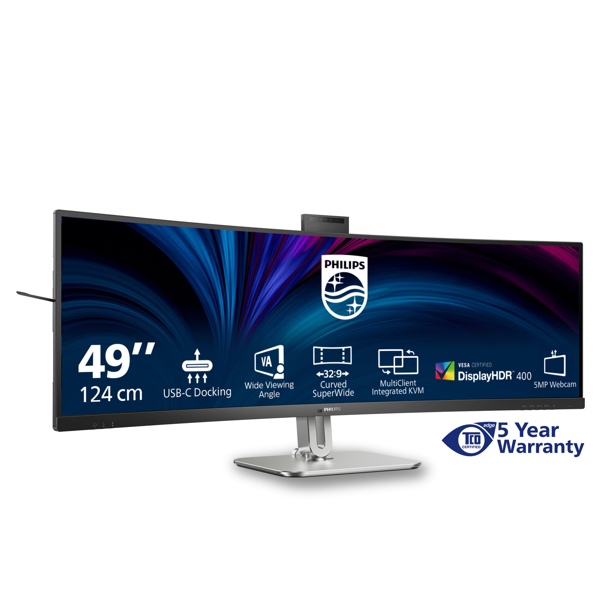 Philips 49B2U5900CH/00 – Monitor, 48,8", 450 cd/m², Gebogen, Webcam, KVM, USB-C, VESA 100 × 100, Schwarz