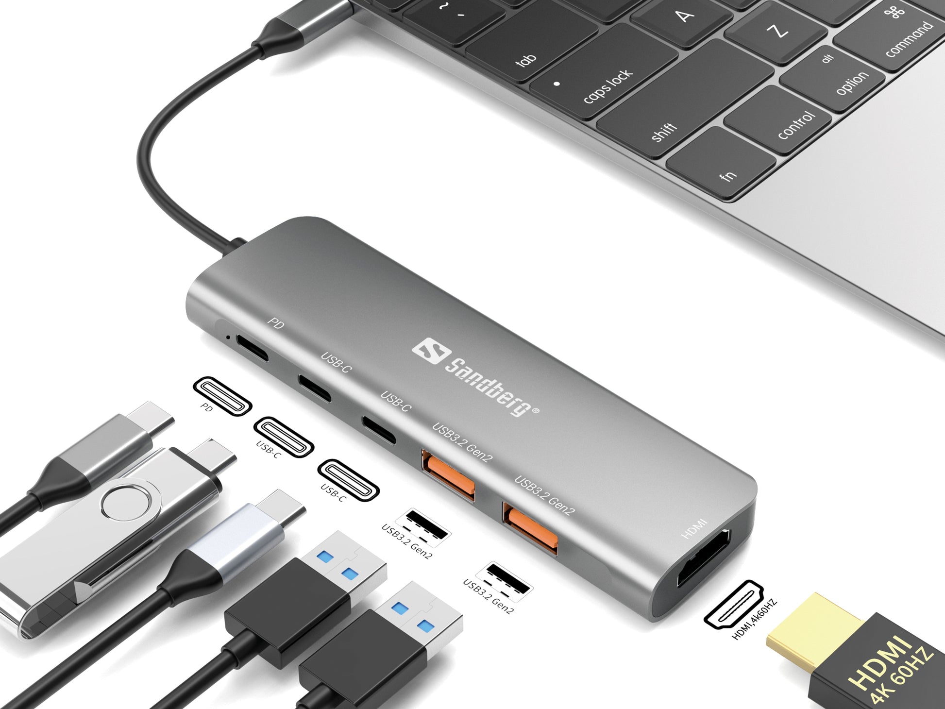 Sandberg Dockingstation – USB-C, 1× HDMI, 2× USB-A, 100 W PD, für Windows/Mac