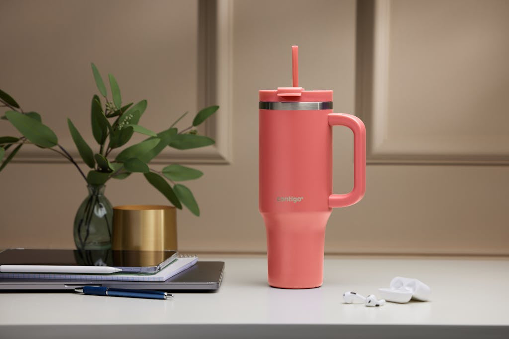 CONTIGO Thermobecher 1,2 l – doppelwandig, Edelstahl, mit Strohhalm, Koralle