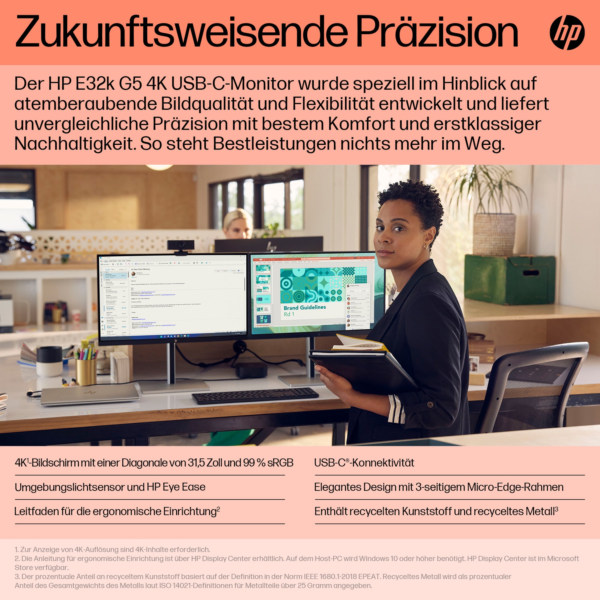 HP E32K G5 – Monitor, 31,5", 3840 × 2160 (UHD 4K), IPS, 60 Hz, 350 cd/m², USB-C, VESA 100 × 100, Schwarz