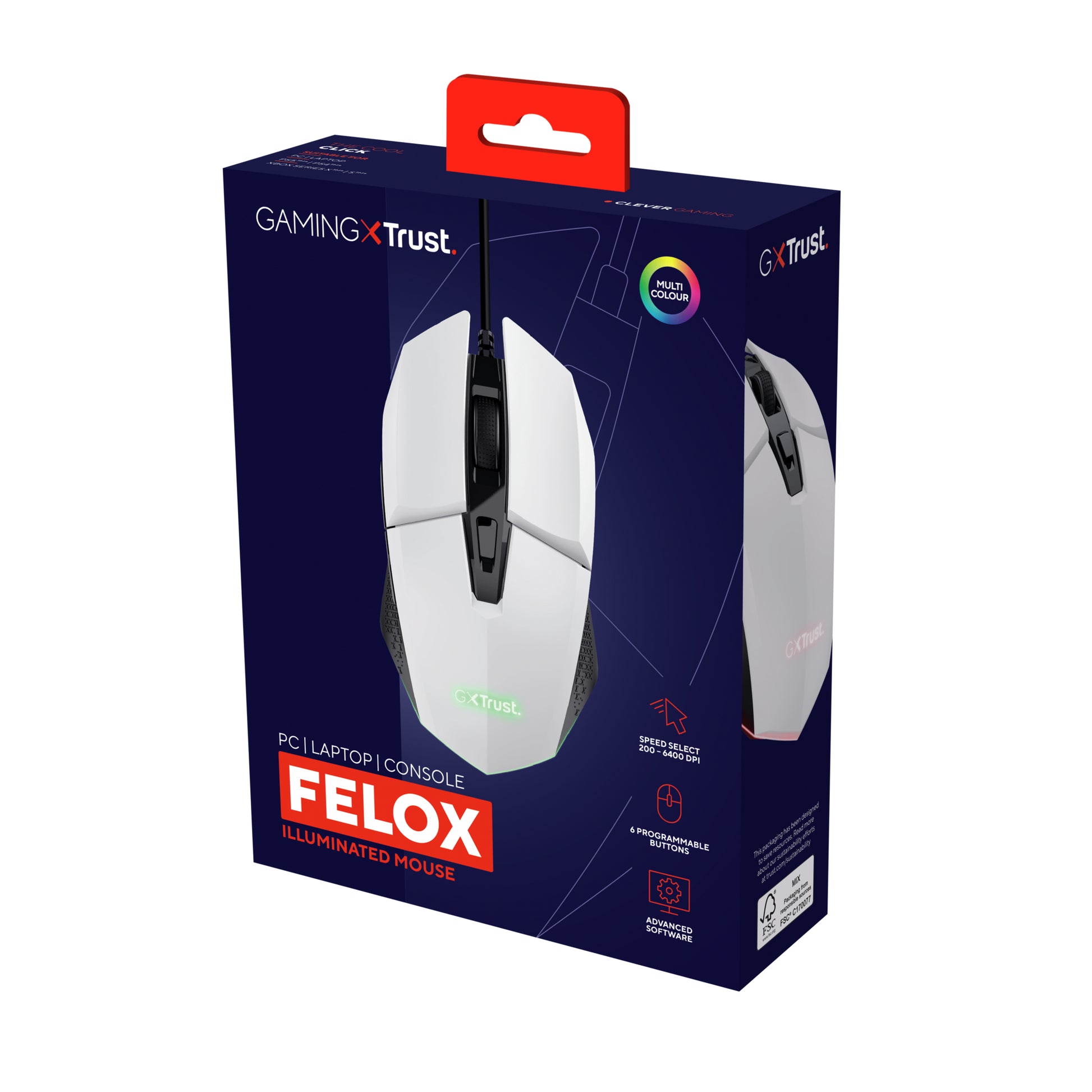 Trust GXT 109W Felox – Gaming-Maus – Kabelgebunden (USB-A), 6400 DPI, Rechts, Weiss