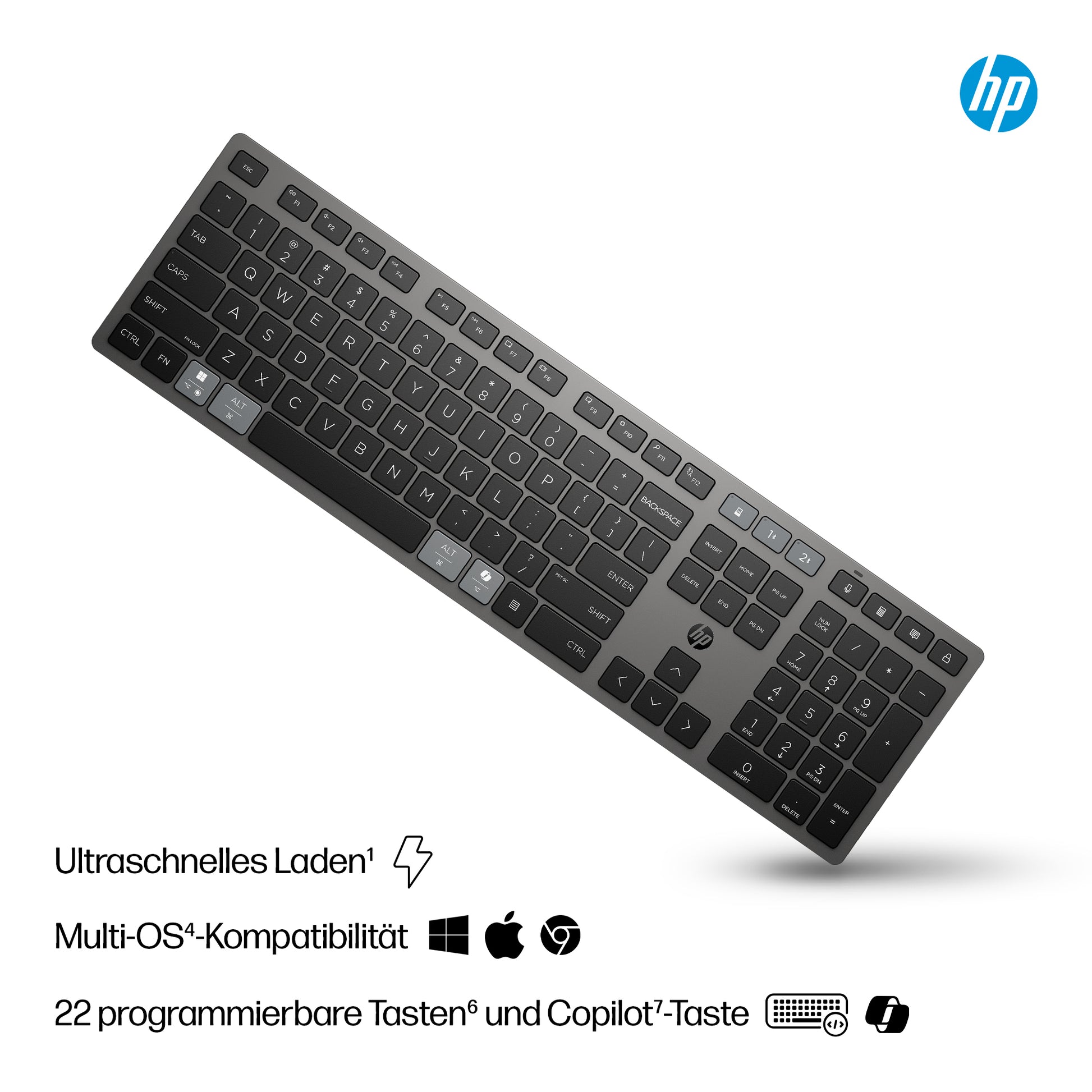 HP 725 Multi-Device Rechargeable – Tastatur – Bluetooth & 2,4 GHz (USB-A Empfänger) – Grau