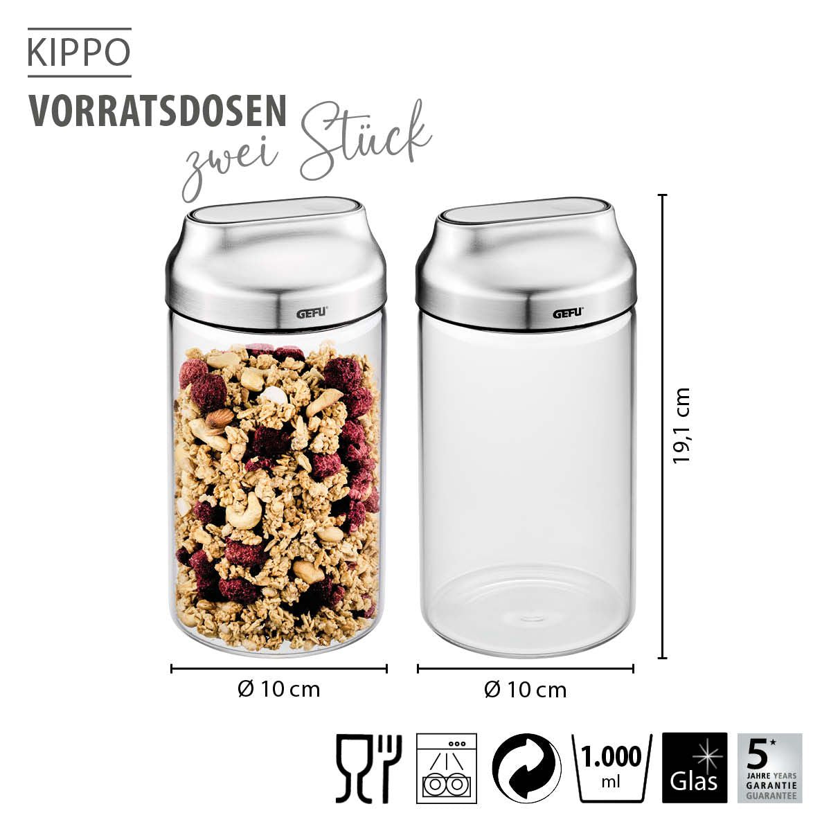 GEFU Vorratsdose 1 l, Ø 10 × 19,1 cm, Glas (Borosilikat)/Edelstahl, transparent