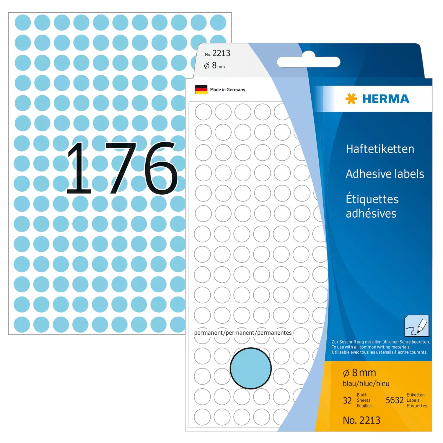 HERMA Haftetiketten – rund Ø 8 mm, permanent, blau, Bogen 111 × 170 mm, 32 Blatt (5'632 Stk.)