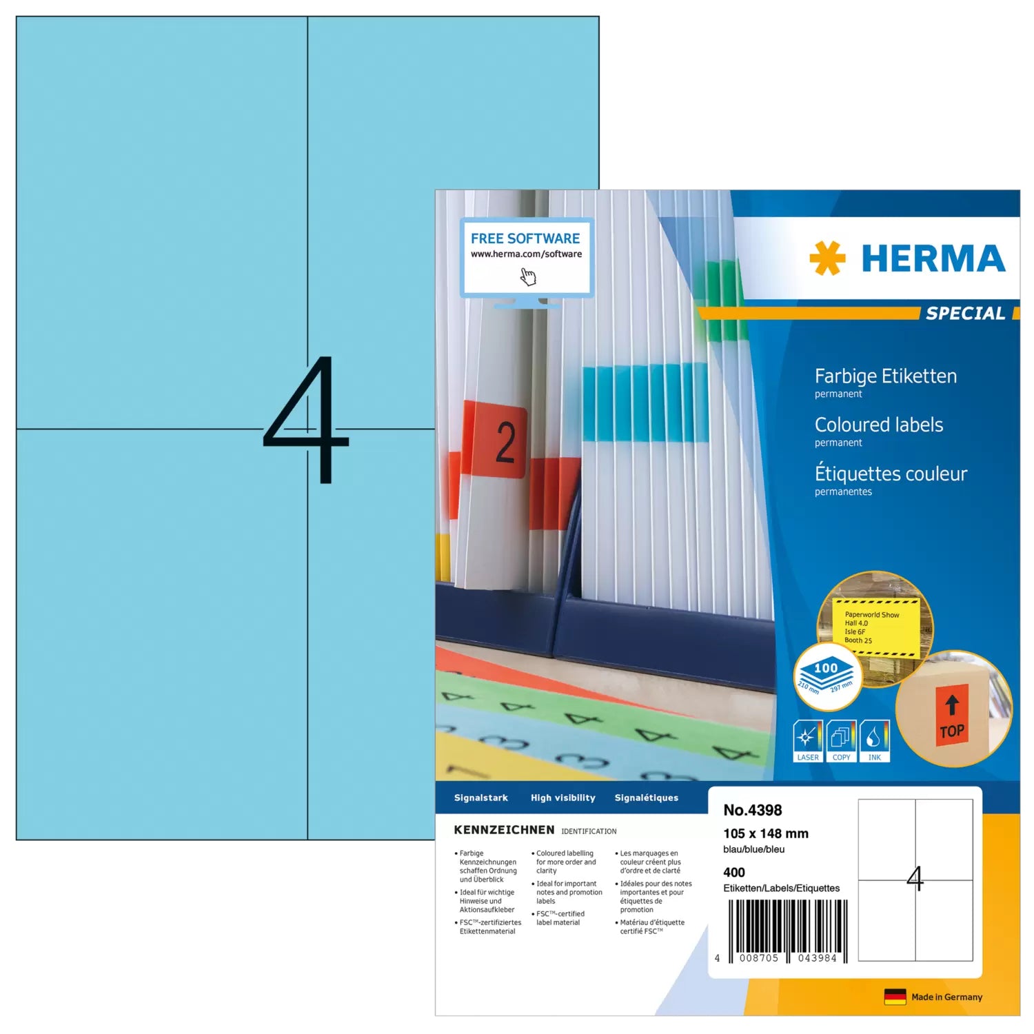 HERMA Etiketten auf Bogen, 105 mm × 148 mm, blau, Papier, permanent, 400 Etiketten (100 Blatt)