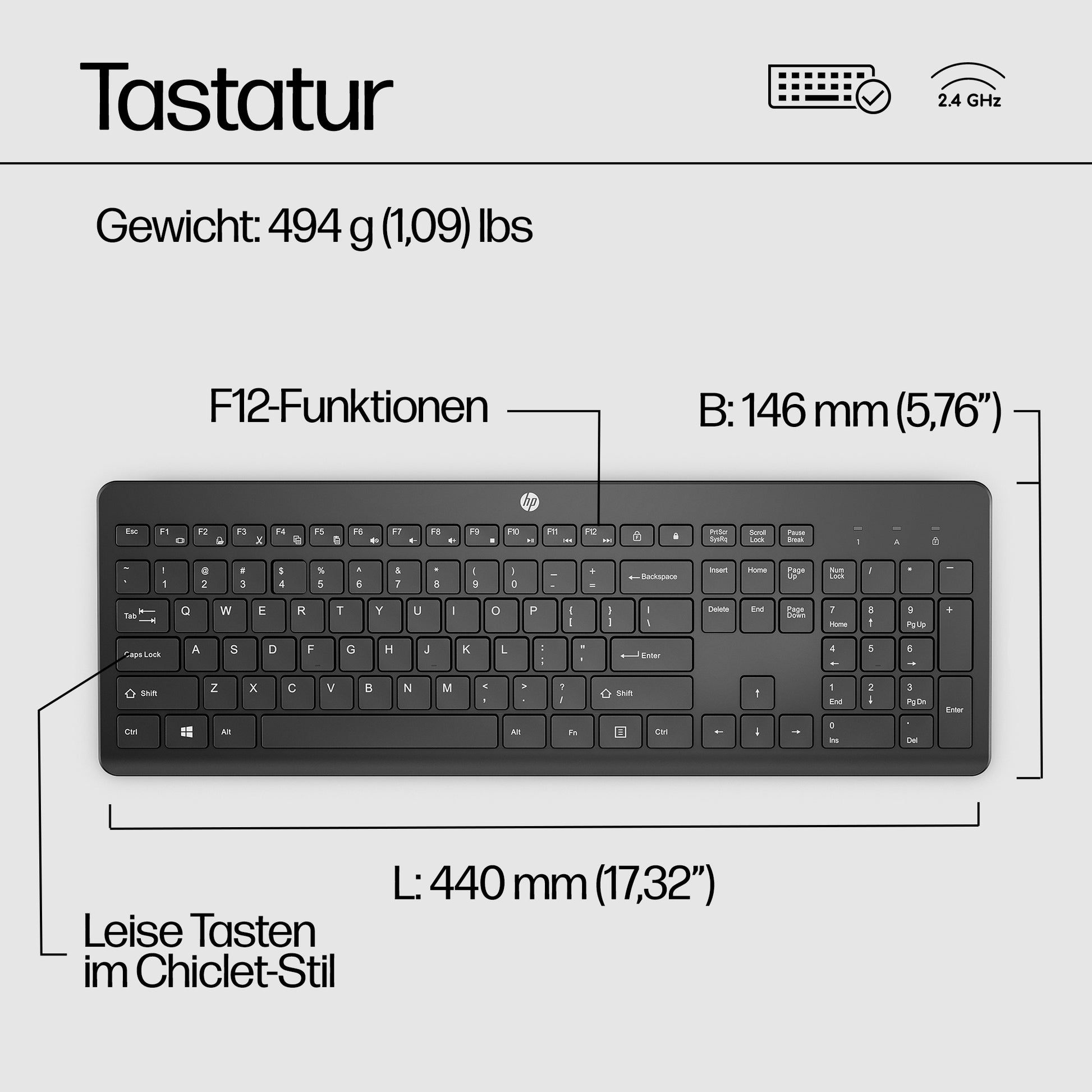 HP 230 – Tastatur – 2,4 GHz USB-A (Empfänger) – Membran – Schwarz