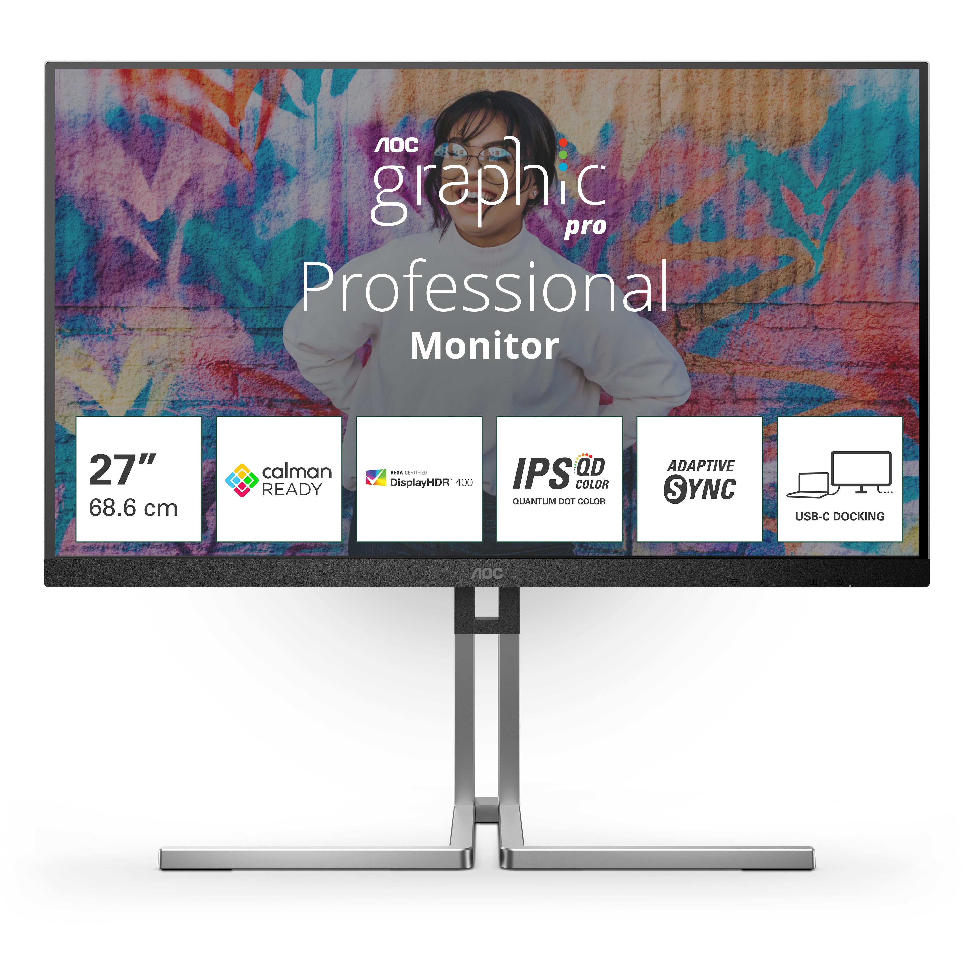 AOC Q27U3CV – Monitor, 27", 2560 × 1440 (WQHD), IPS, 75 Hz, KVM, 2× USB-C, VESA 100 × 100, Schwarz