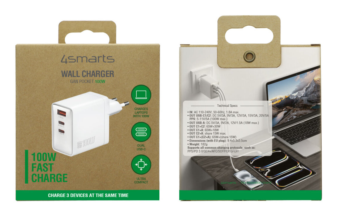 4smarts GaN Pocket Netzladegerät – 100 W, 2× USB-C + 1× USB-A – für Laptop, Nintendo Switch, Smartphone
