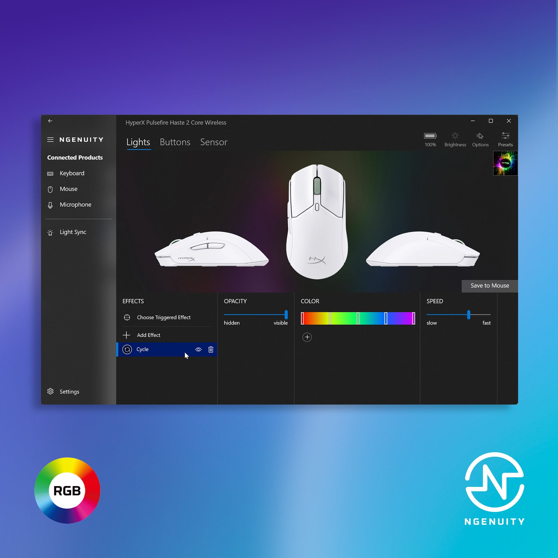 HyperX Pulsefire Haste 2 Core Gaming-Maus – kabellos, 1'000 Hz, 6 Tasten, für Rechtshänder, Beleuchtung, weiss