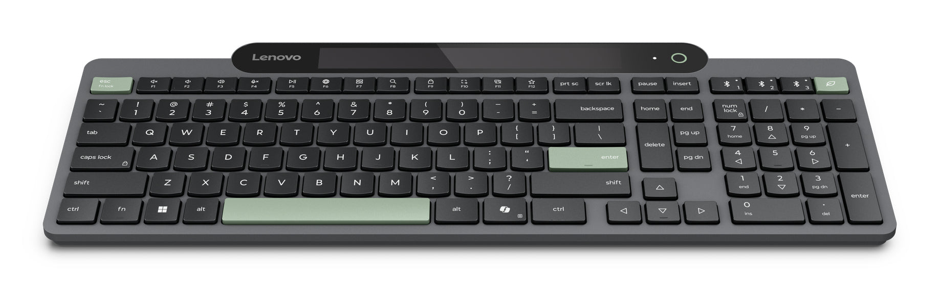 Lenovo Tastatur – Membran – Bluetooth 5,1 – USB-C – QWERTY (US-INT) – Solar, Multi-Device – Schwarz/Grün