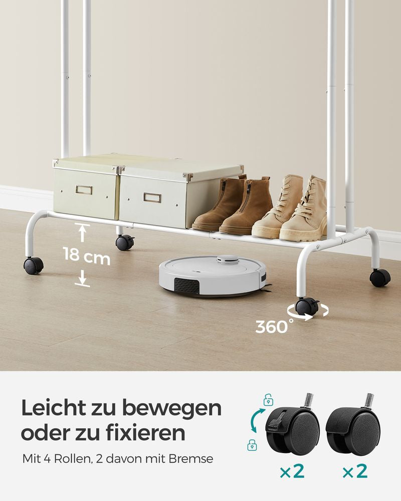 Songmics Garderobenständer – mit Rollen, Stahl, Weiss, 103,5 × 53 × 155 cm