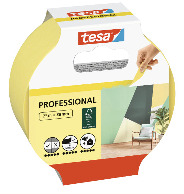 TESA Malerband Precision Indoor, gelb – 38 mm × 25 m, innen/aussen, rückstandsfrei bis 150 Tage