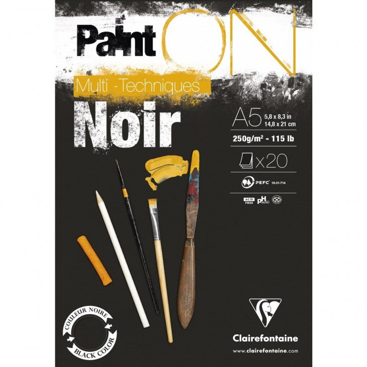 Clairefontaine Skizzenblock – A5 – 250 g/m² – kopfseitig geleimt – 20 Blatt, schwarz – für Gouache & Pastell