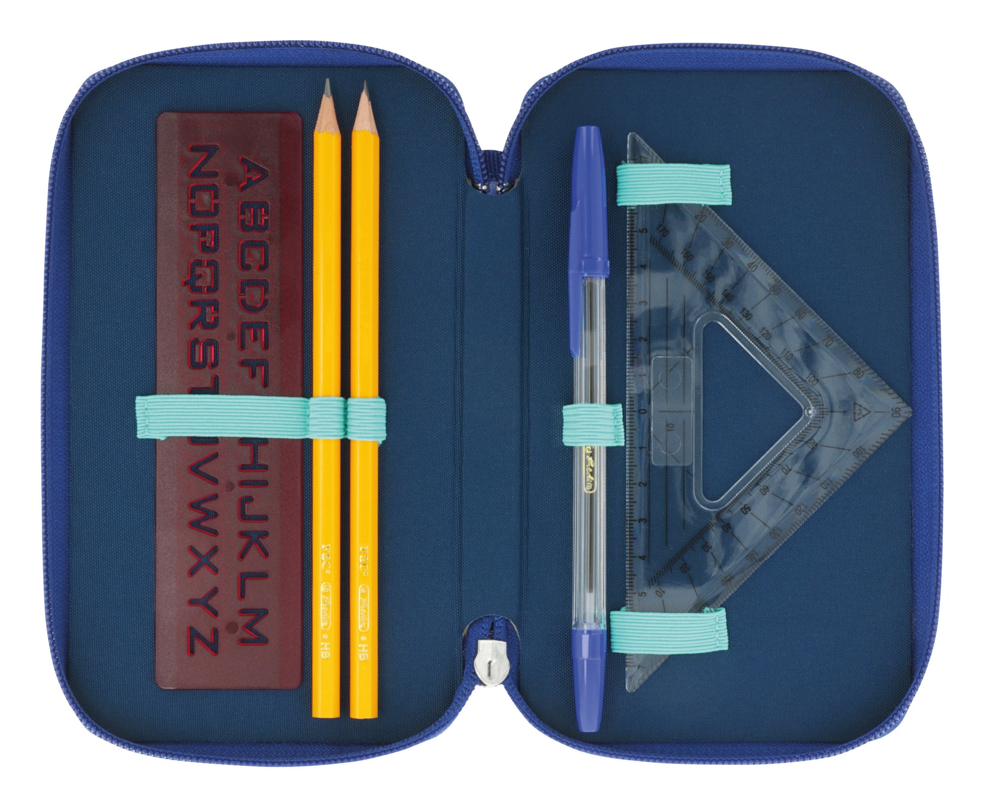 Herlitz TriCase Dip Dye – Schüleretui, gefüllt (31-teilig), 3 Klappen, blau, türkis, 19 × 7 × 11,5 cm