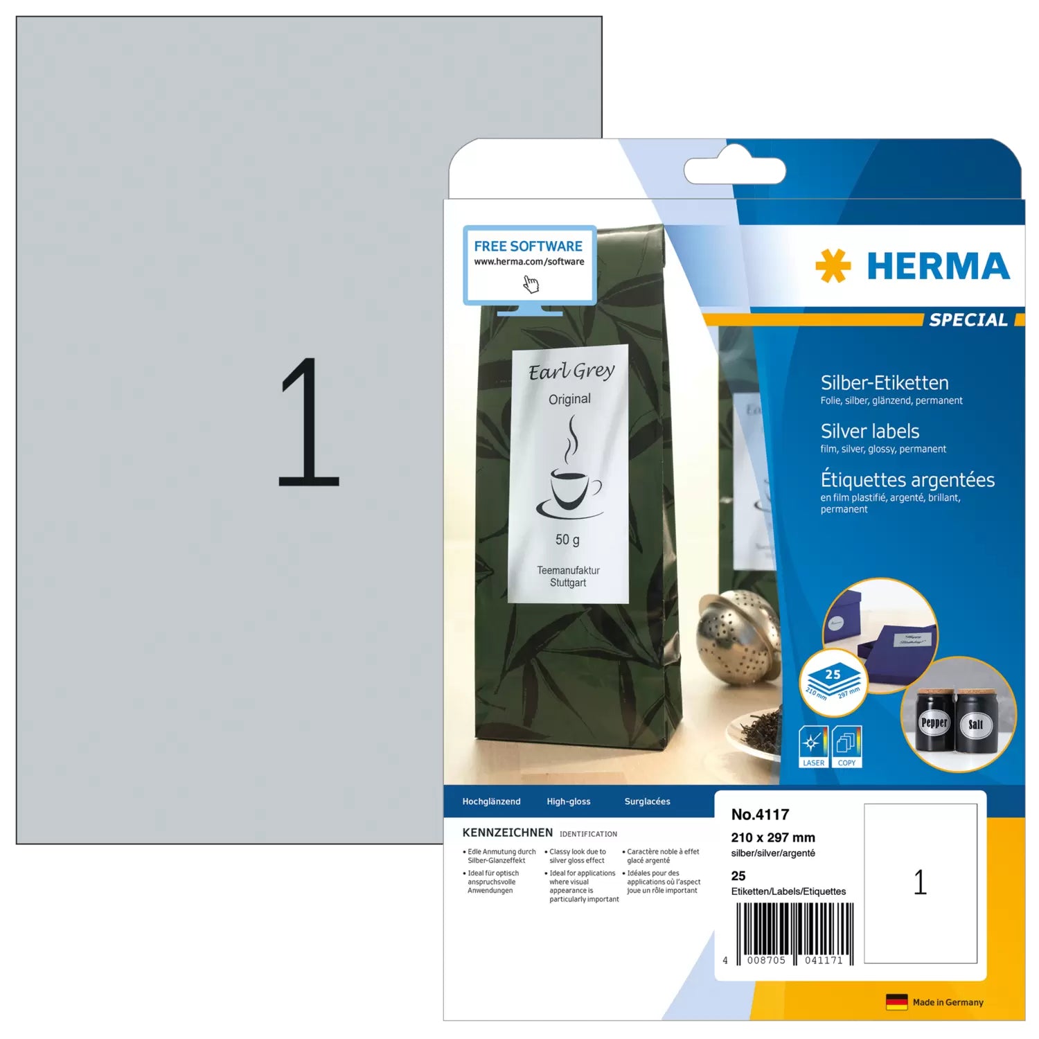 HERMA Druckeretiketten, 210 mm × 297 mm, silber, Folie, permanent, 25 Blatt