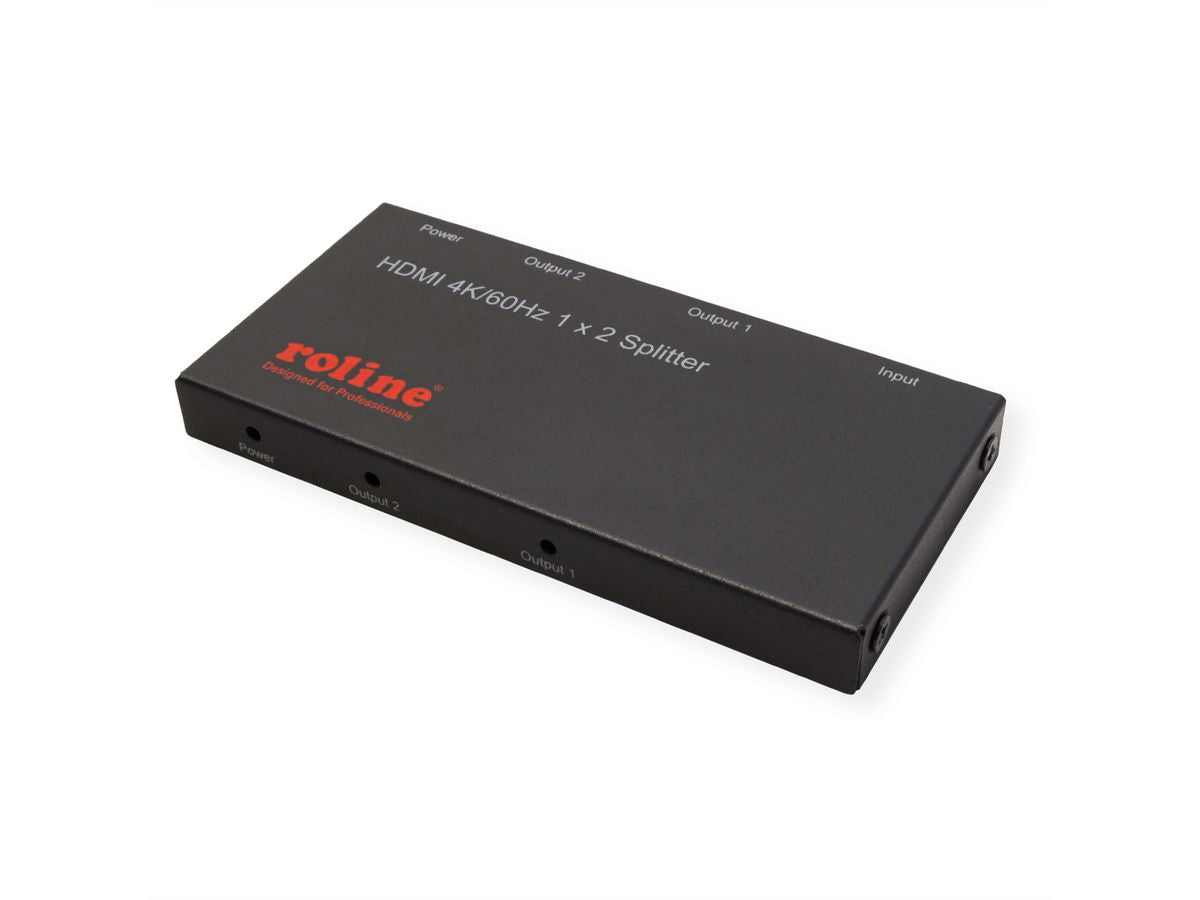 ROLINE HDMI-Splitter, 1× HDMI Eingang / 2× HDMI Ausgang, 4K@60 Hz, HDCP 2.2/1.4, USB-betrieben, Schwarz