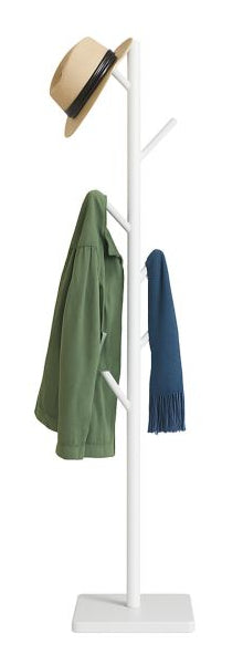Relaxdays Garderobenständer – 8 Haken, Gummibaumholz/MDF, Weiss, 175 × 30 × 30 cm