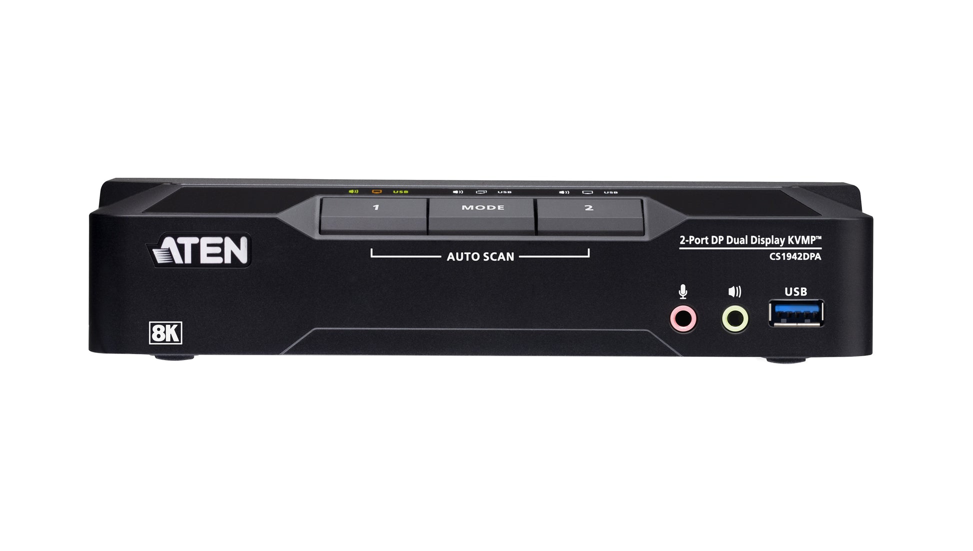 ATEN 2-Port DP Dual-View KVM-Switch – 7680 × 4320/60 Hz, USB 3.0-Hub, Audio
