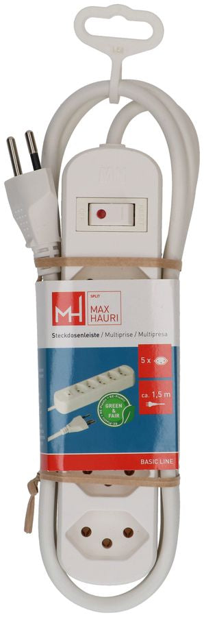 Max Hauri AG Max Hauri Basic Line Steckdosenleiste – 5× T13, 1,5 m, mit Schalter, Weiss