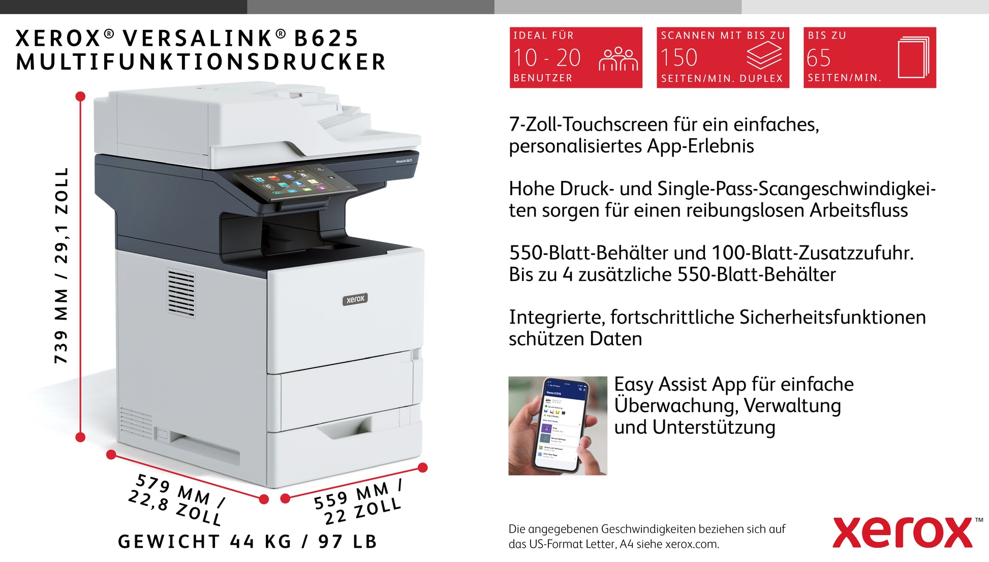 Xerox VersaLink B625 – SW-Laser-Multifunktionsdrucker, A4, 4-in-1, Duplex, ADF, LAN, AirPrint
