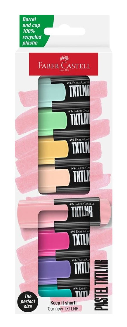 Faber-Castell TXTLNR Pastell Textmarker Mini – 8er Set, Farben sortiert, Keilspitze 1–5 mm, nachfüllbar