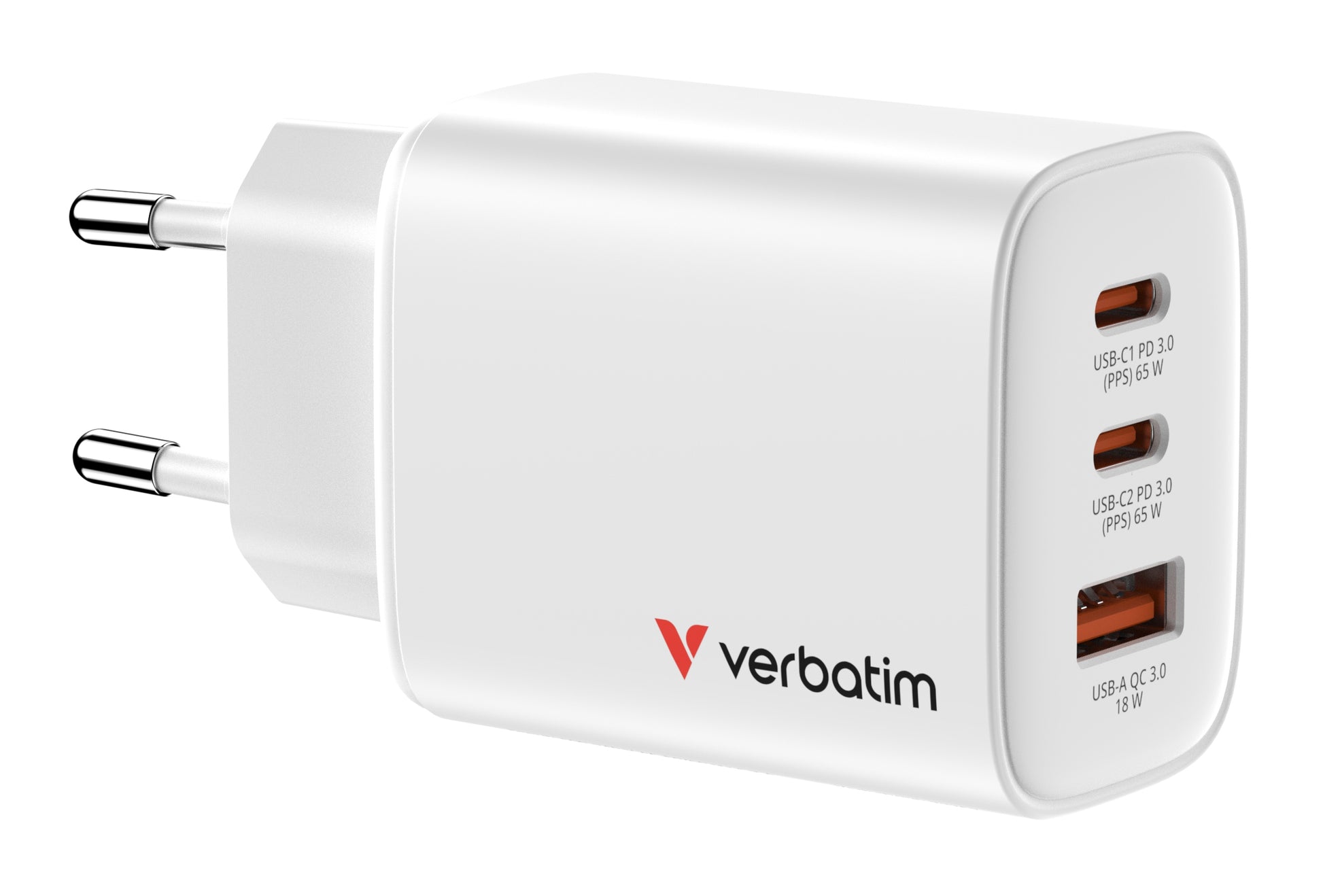 Verbatim Essentials GaN Ladegerät USB-Ladegerät 65 W – USB-C×2, USB-A×1 – PD 3.0, QC 3.0, PPS, GaN – EU-Stecker