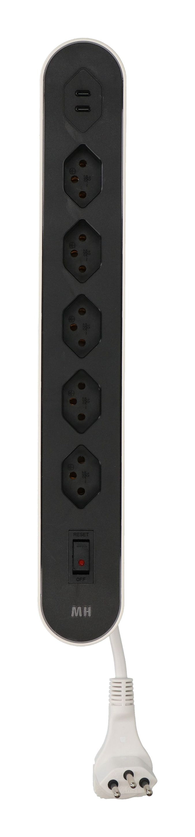 Max Hauri AG Max Hauri Design Line Steckdosenleiste – 5× T13, 2× USB-C 20 W, 2,2 m, mit Schalter, Weiss