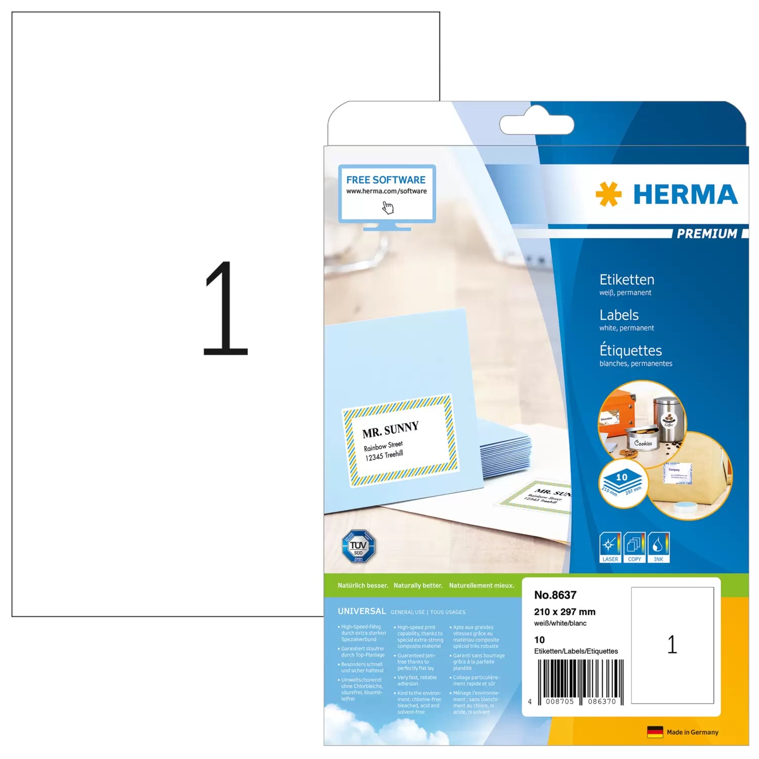 HERMA Druckeretiketten, 210 mm × 297 mm, weiss, Papier, permanent, 10 Blätter