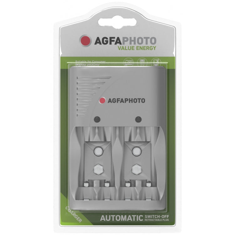 AgfaPhoto 140-849959 Batterieladegerät 2× – für 9V, AA, AAA – grau, LED-Anzeige