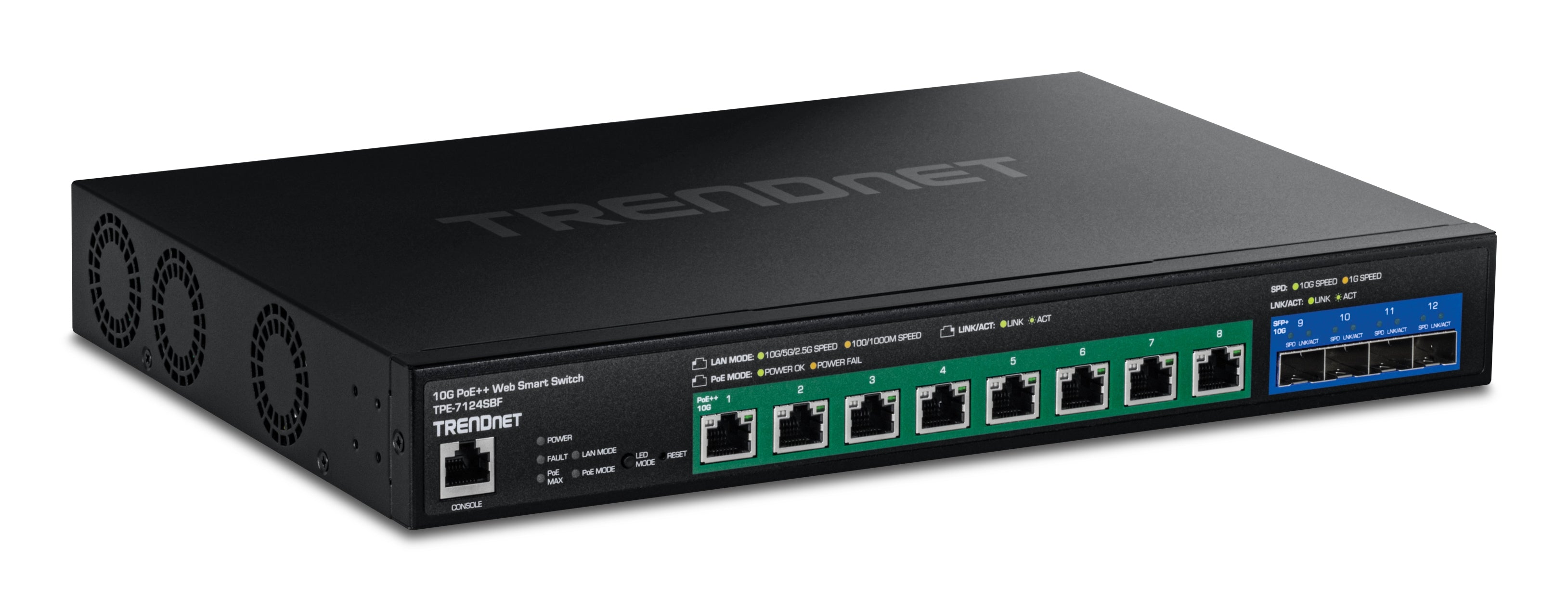 Trendnet TPE-7124SBF – Verwalteter L2/L3 Switch – 8× 10G, 4× SFP+, PoE++, PoE-Budget 720 W, 19", 1U