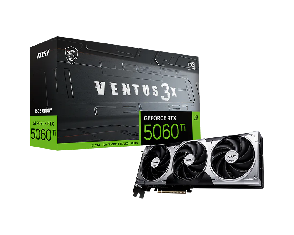 MSI GeForce RTX 5060 Ti 16 GB VENTUS 3X OC – PCIe Grafikkarte – 3×DisplayPort, 1×HDMI, PCIe 5.0, 1×16‑pin