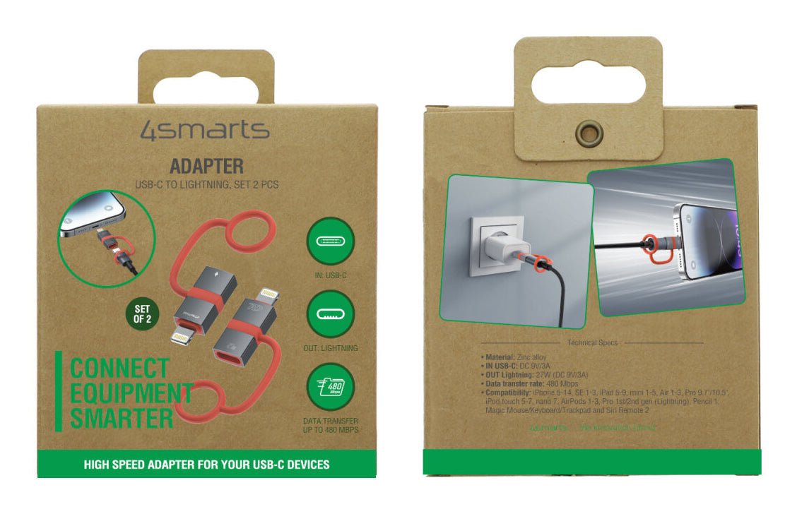 4smarts 541522 Adapter Lightning zu USB-C – 0,48 Gbit/s, Thunderbolt 3 kompatibel, 2er Set, Grau, Orange