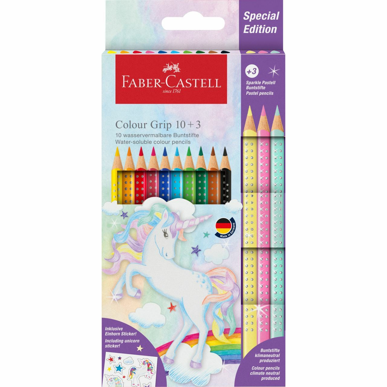 Faber-Castell Aquarellfarbstifte Colour GRIP Einhorn – Dreikant, Minen-Ø 3,0 mm, 13 Farben, im Kartonetui