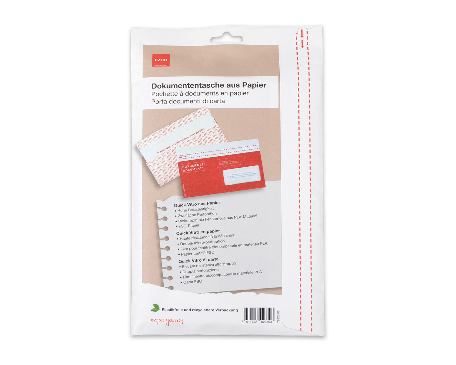 Elco Dokumententasche – C6/5 (229 × 114 mm), Fenster rechts, bedruckt, rot, Papier, selbstklebend – 20 Stück