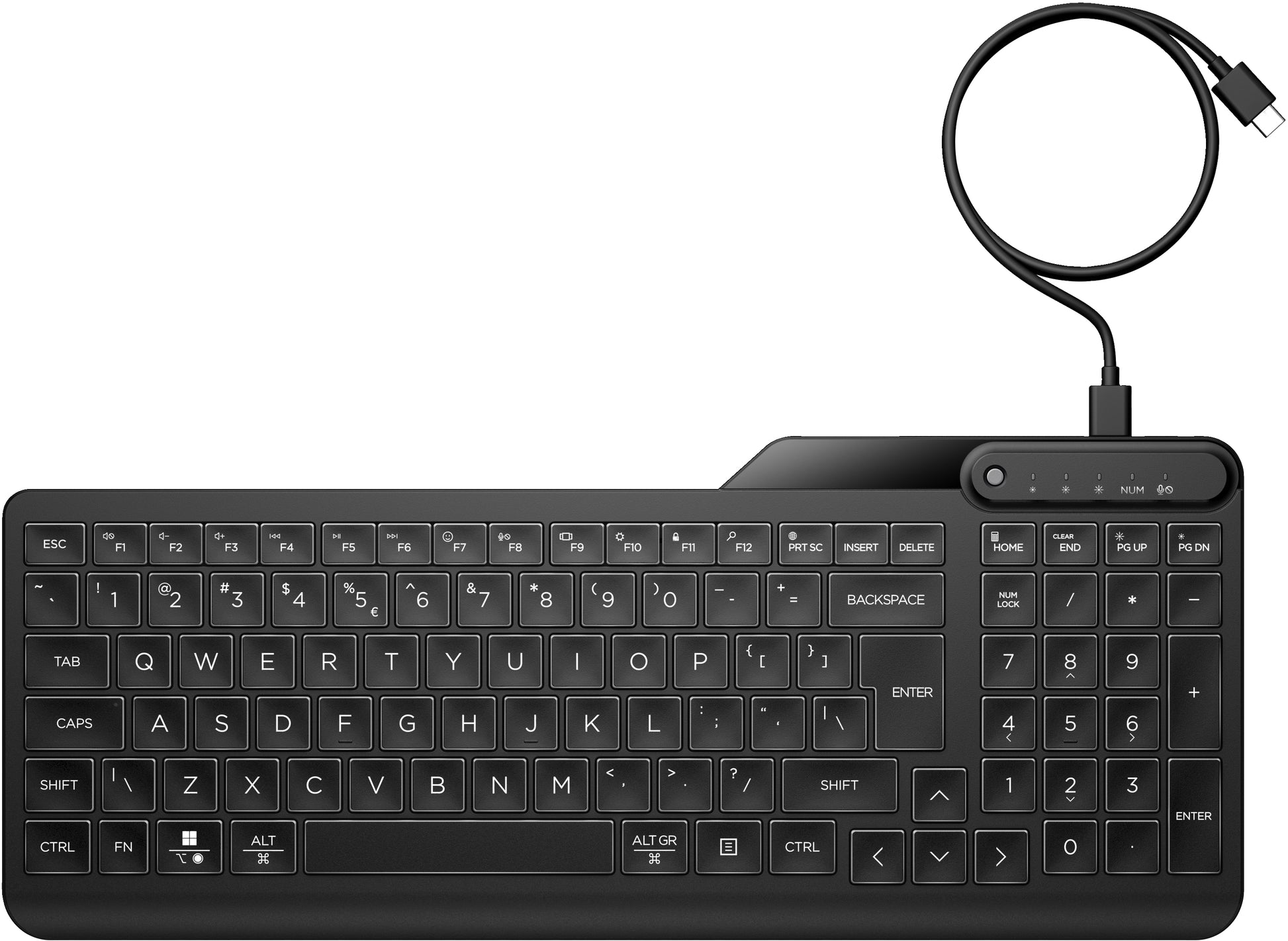 HP 405 – Tastatur – Membran, kabelgebunden – USB-C – beleuchtet – auslaufsicher – schwarz