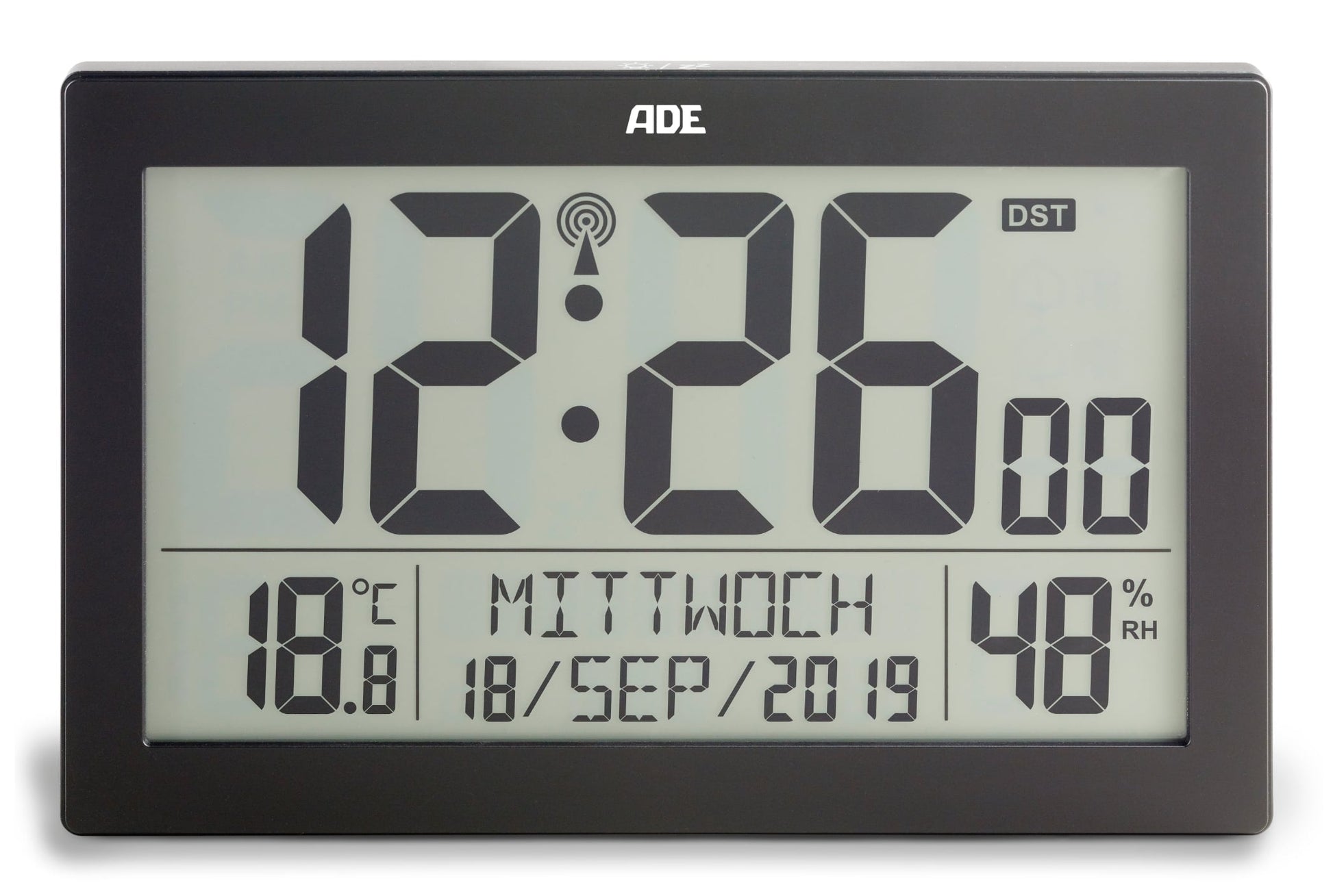 ADE Digitale Wanduhr – Funk – 19,3 × 3,3 × 14,5 cm, Schwarz, Kunststoff