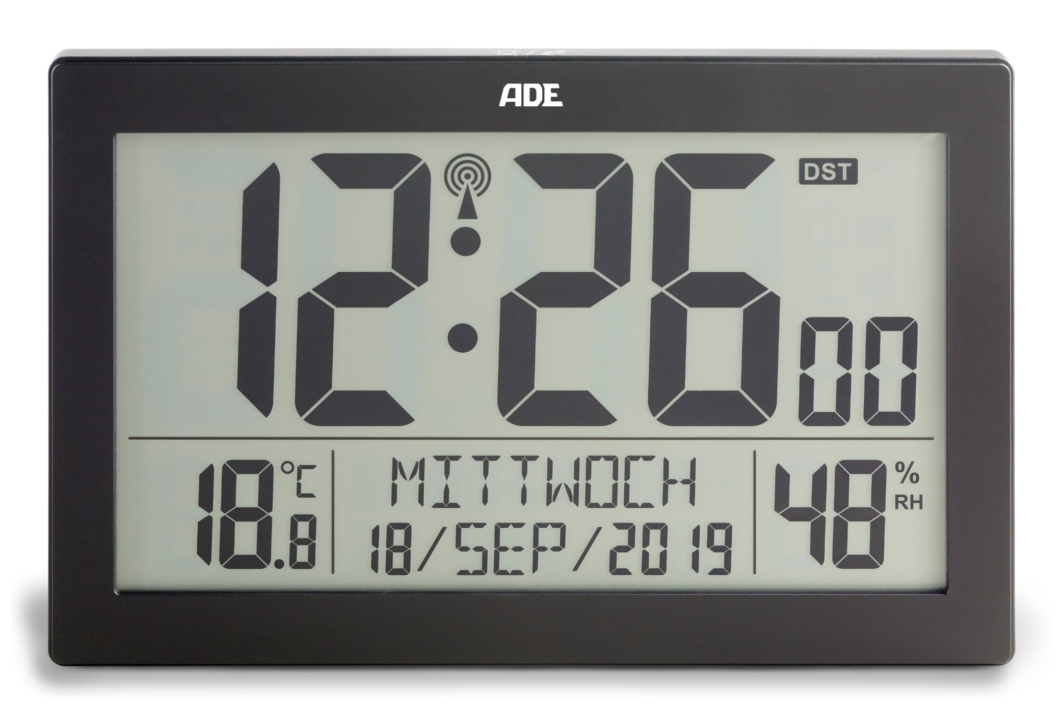 ADE Digitale Wanduhr – Funk – 19,3 × 3,3 × 14,5 cm, Schwarz, Kunststoff