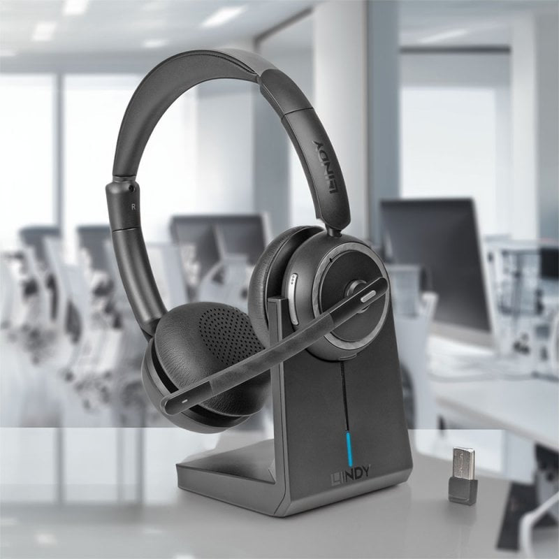 Lindy L118 Office-Headset – On-Ear, Stereo, Kabel + BT, mit USB-C-Dongle, mit Ladestation, Schwarz, BT 5.2