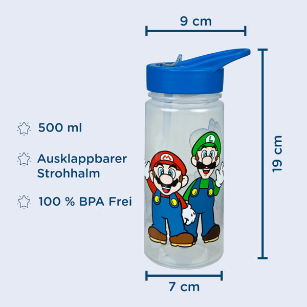 Scooli Kindertrinkflasche 500 ml – mit Strohhalm, Kunststoff, Aktivdeckel, Super Mario