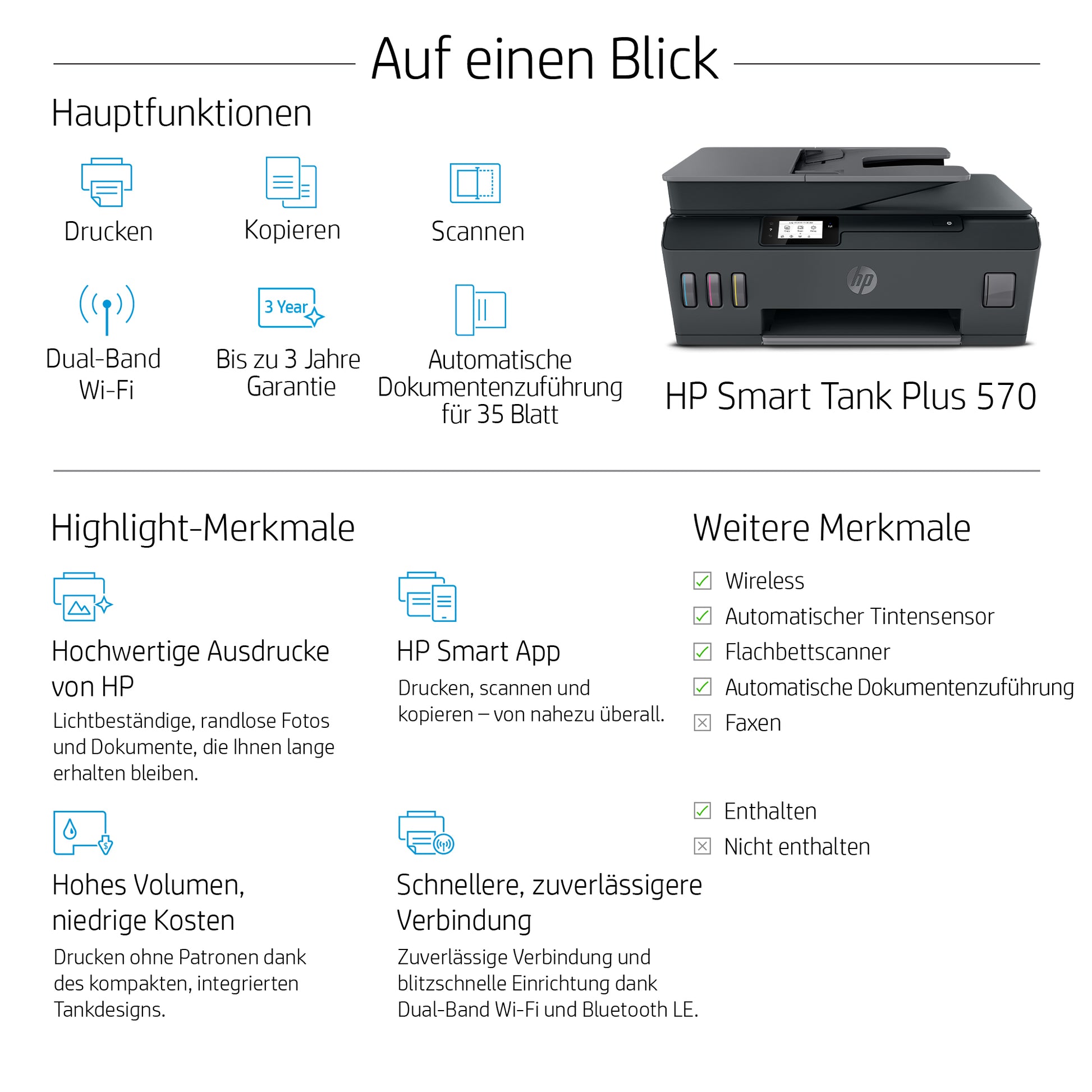 HP Smart Tank Plus 570 Wireless – Farbiger Tintenstrahl-MFP A4, 3-in-1 – USB/WLAN – Duplex, ADF – 11 ppm S/W