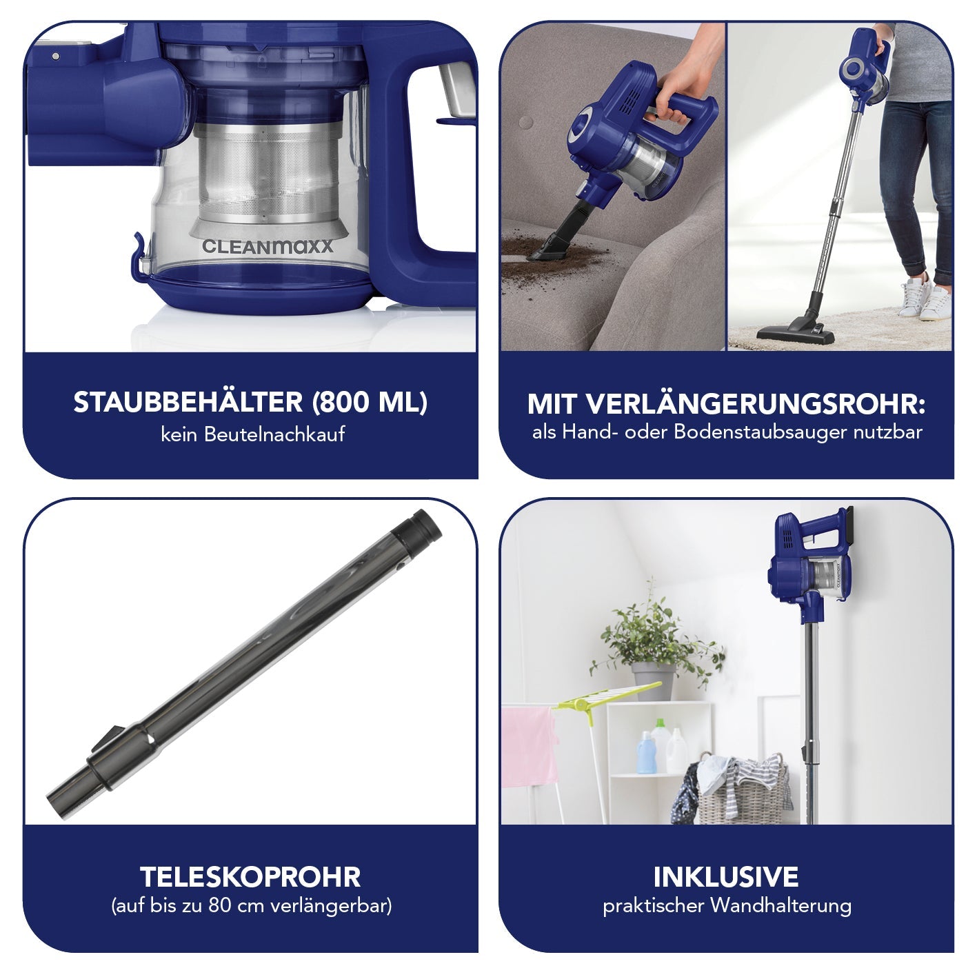 CLEANmaxx Akku-Zyklon-Staubsauger – 35 Min Laufzeit, Blau, Grau